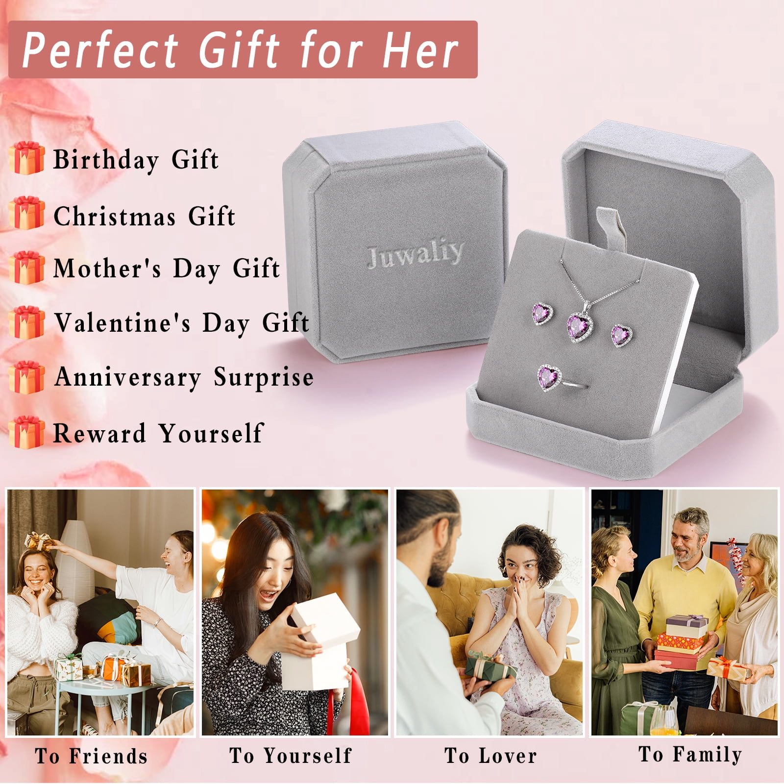 Juwaliy Women Heart Jewelry Set Necklace Earrings Ring 925 Sterling Silver February Birthstone Amethyst Wife Mother Birthday Valentine's Day Gift