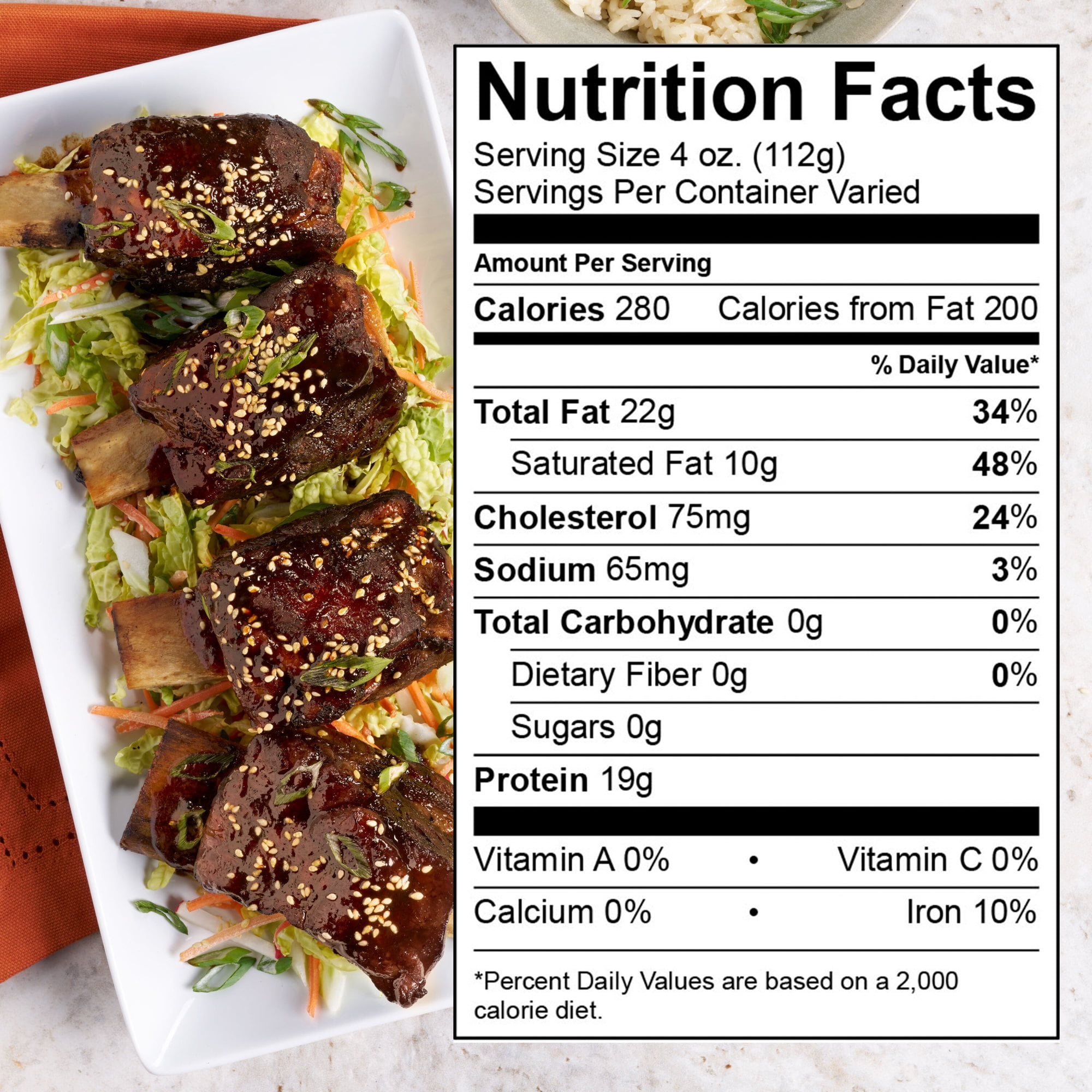 Chuck Beef Short Ribs, Bone-in, 3 - 4 per Tray, Fresh, 1.1 - 2.3 lb