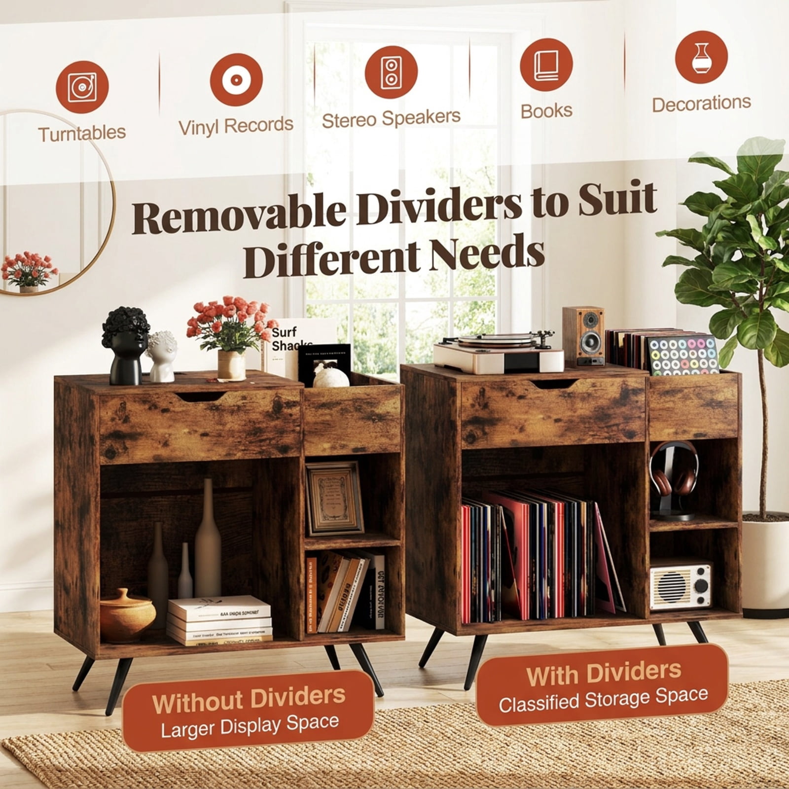 Furnibear Record Player Stand with Power Outlets USB Type-C Ports Drawer and Removable Divider Cubby for Living Room, Rustic Brown