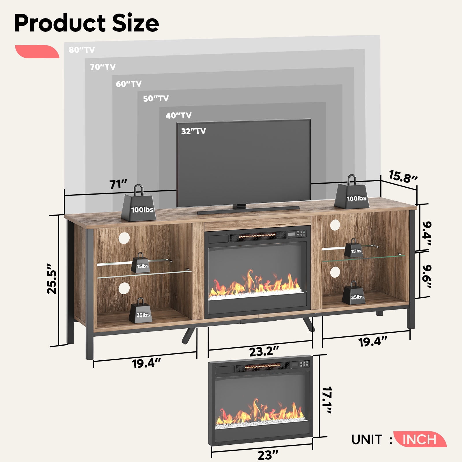 Bestier Modern Electric Crystal Fireplace TV Stand with LED Lights for TVs up to 80", Entertainment Center with Glass Shelves,Pinewood
