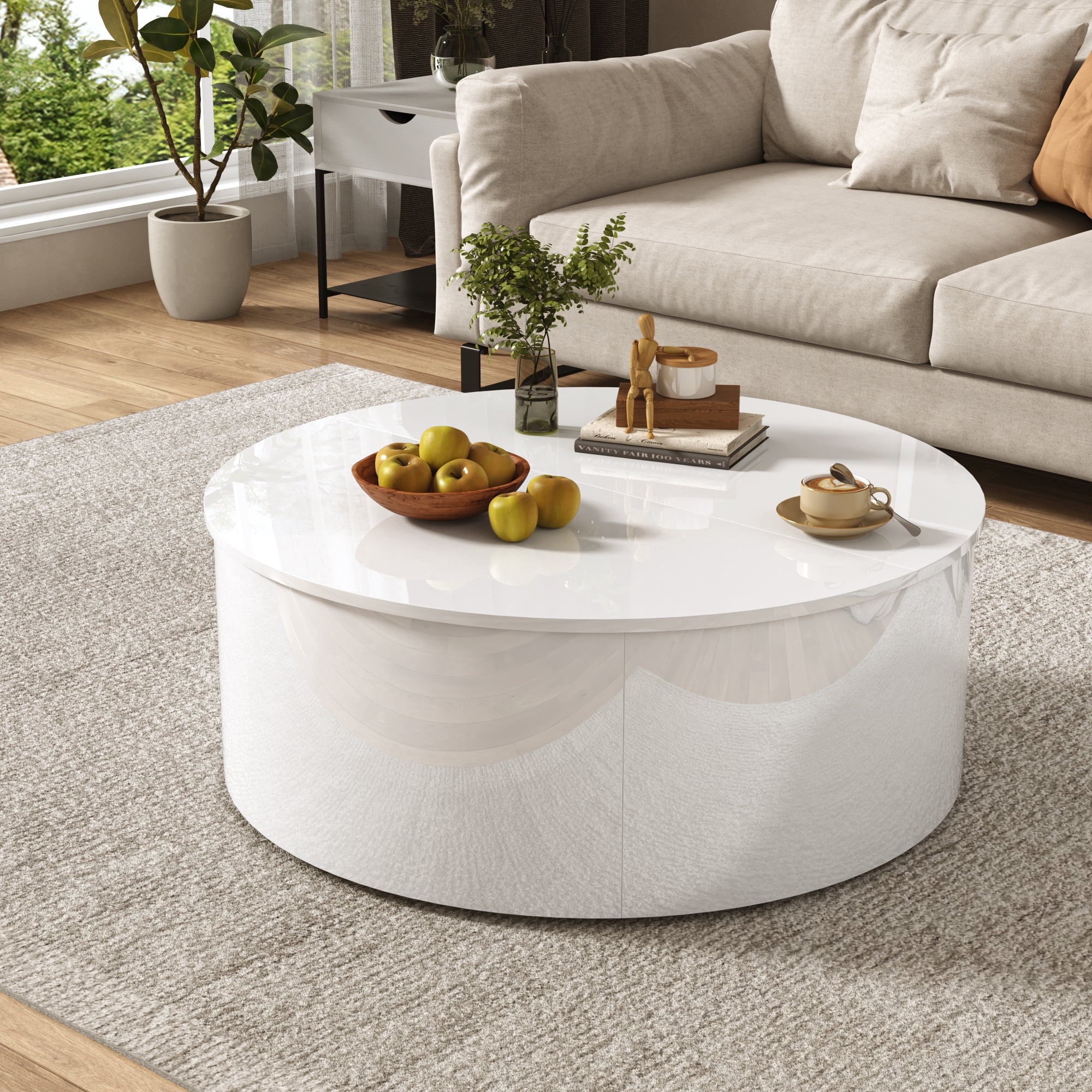 ANPOO Round Lift Top Coffee Table with Storage, Modern High Gloss Coffee Table with Hidden Storage Space, Circular Center Table for Livingroom, Small Space, Small Space, Apartment