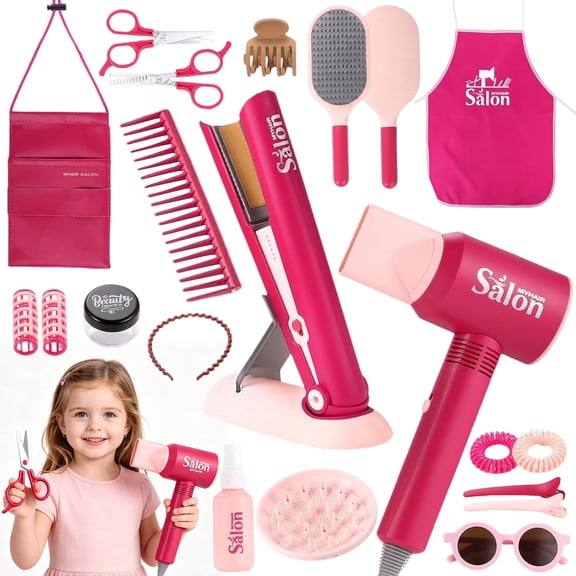 JUGAAD LIFE 22 Pcs Hair Salon Toys for Girls, Pretend Play Makeup Sets, Realistic Hair Styling Set with Blow Dryer & Accessories, Birthday Gift for Kids Toddlers Ages 3 6 Years Old