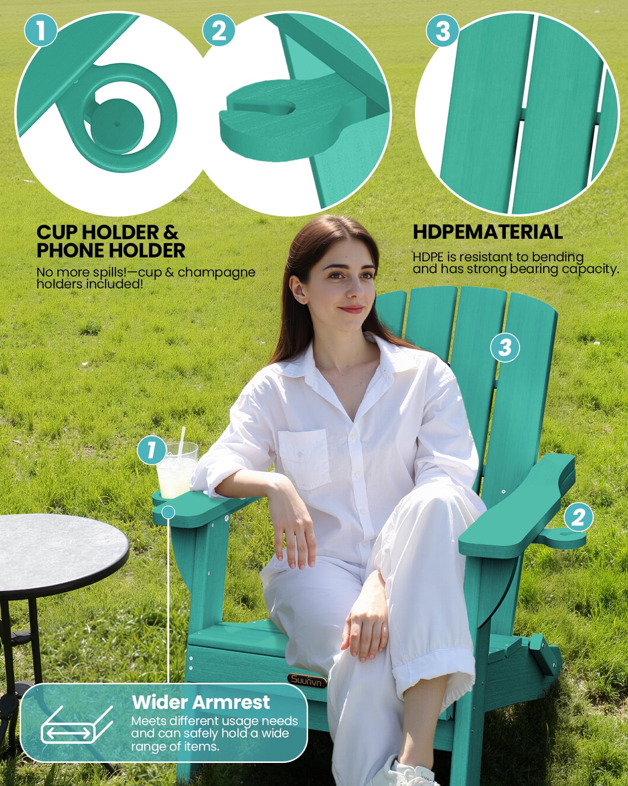 Folding Adirondack Chair, HDPE All-Weather Lawn Chair with 2 Cup Holder, Patio Garden Outdoors Fire Pit, Aqua