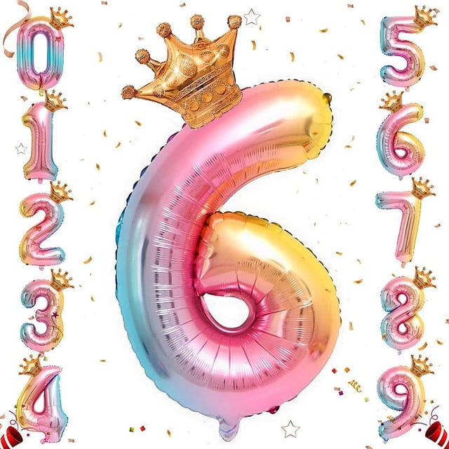 Globo de helio con números, globos de arcoíris con números de 32 pulgadas con corona para cumpleaños, decoraciones para fiestas de cumpleaños (n.° 6)