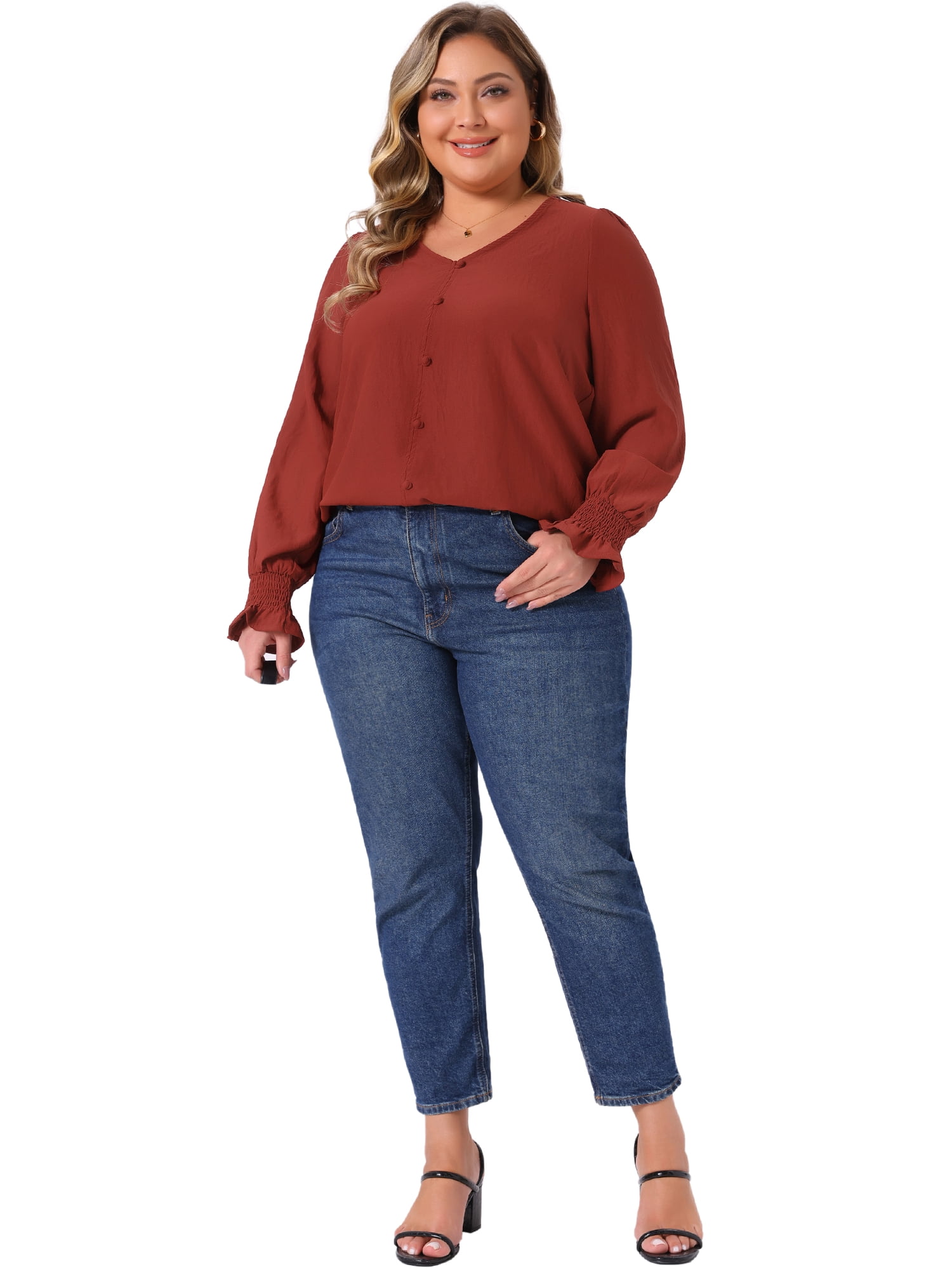 DARING DIVA Women's Plus Tops V Neck Smocked Casual Chiffon Blouse 1X Burgundy