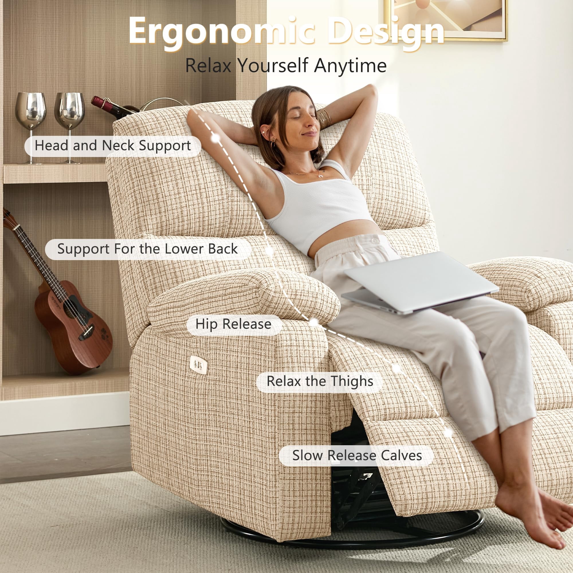 Power Recliner Chairs for Adults, Swivel Rocker Recliner Chair, Adjustable Electric Recliner with USB Port, Rocking Chair Nursery, Small Recliner for Living Room, Beige