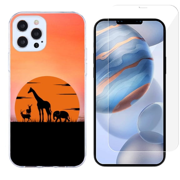 Slim-Fit Protective Phone Case compatible with iPhone 12 Pro Max, with Tempered Glass Screen Protector, by OneToughShield ® - Sunset Safari