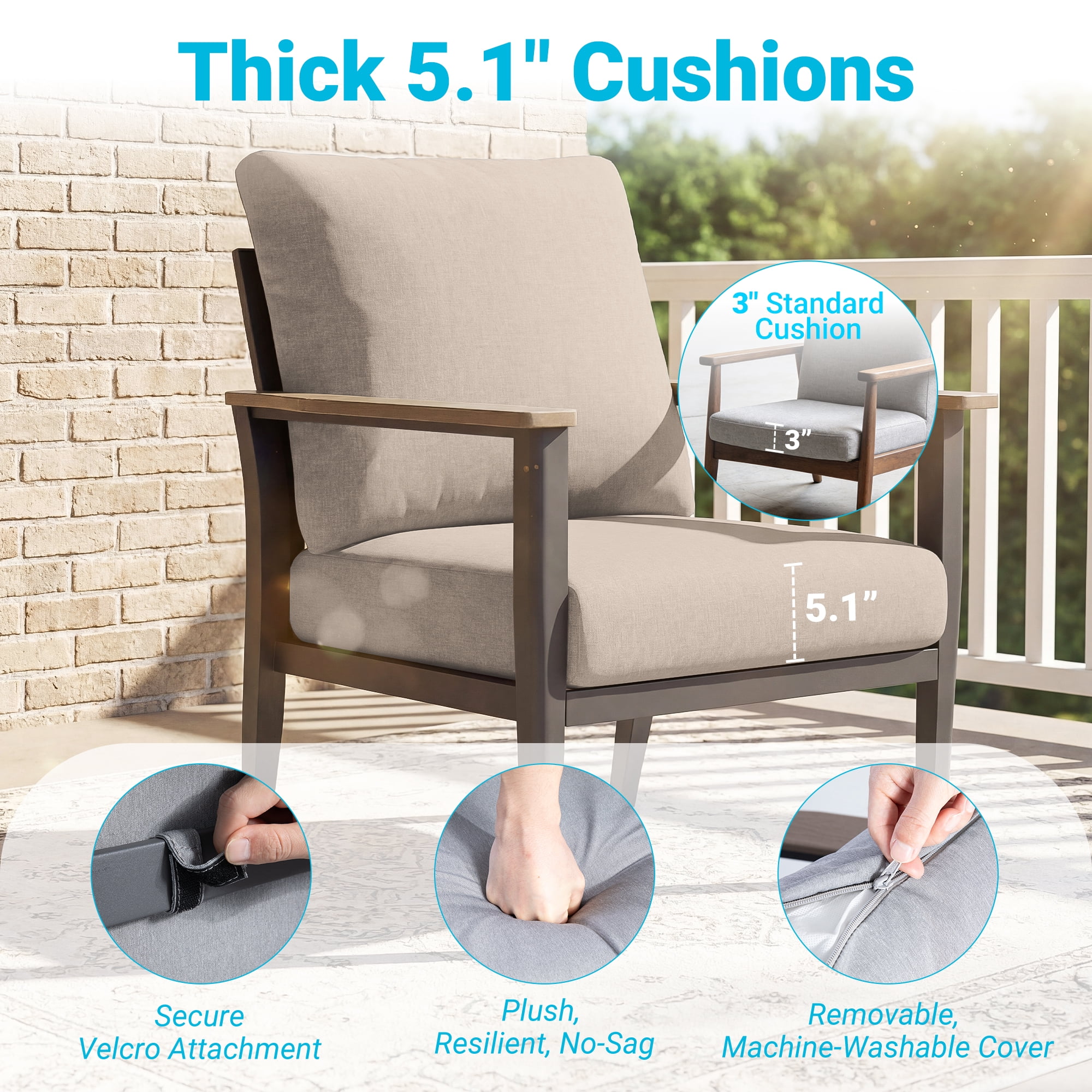 Muphyers 5 Pieces Aluminum Patio Furniture Set, 360° Swivel Rocker Chairs, 3.3" Wide Armrests Patio Conversation Sets, 5.1" Washable Cushions Outdoor Couch for Backyard, Deck, Poolside,Khaki