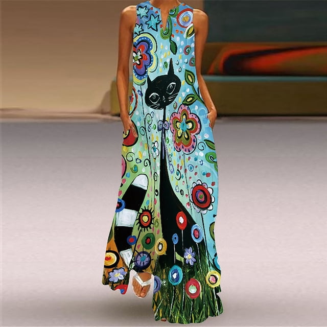 Robe T-Shirt Robe Longue Décontractée pour Femme avec Poche Imprimé Floral Sans Manches Robe Maxi Robe Cottagecore en Liquidation