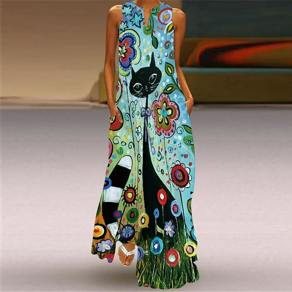 Brilliant Womens Dresses Plus Size Women's Casual Long Dress with Pocket Floral Print Sleeveless Maxi Dress Summer Blue 3XL-5XL