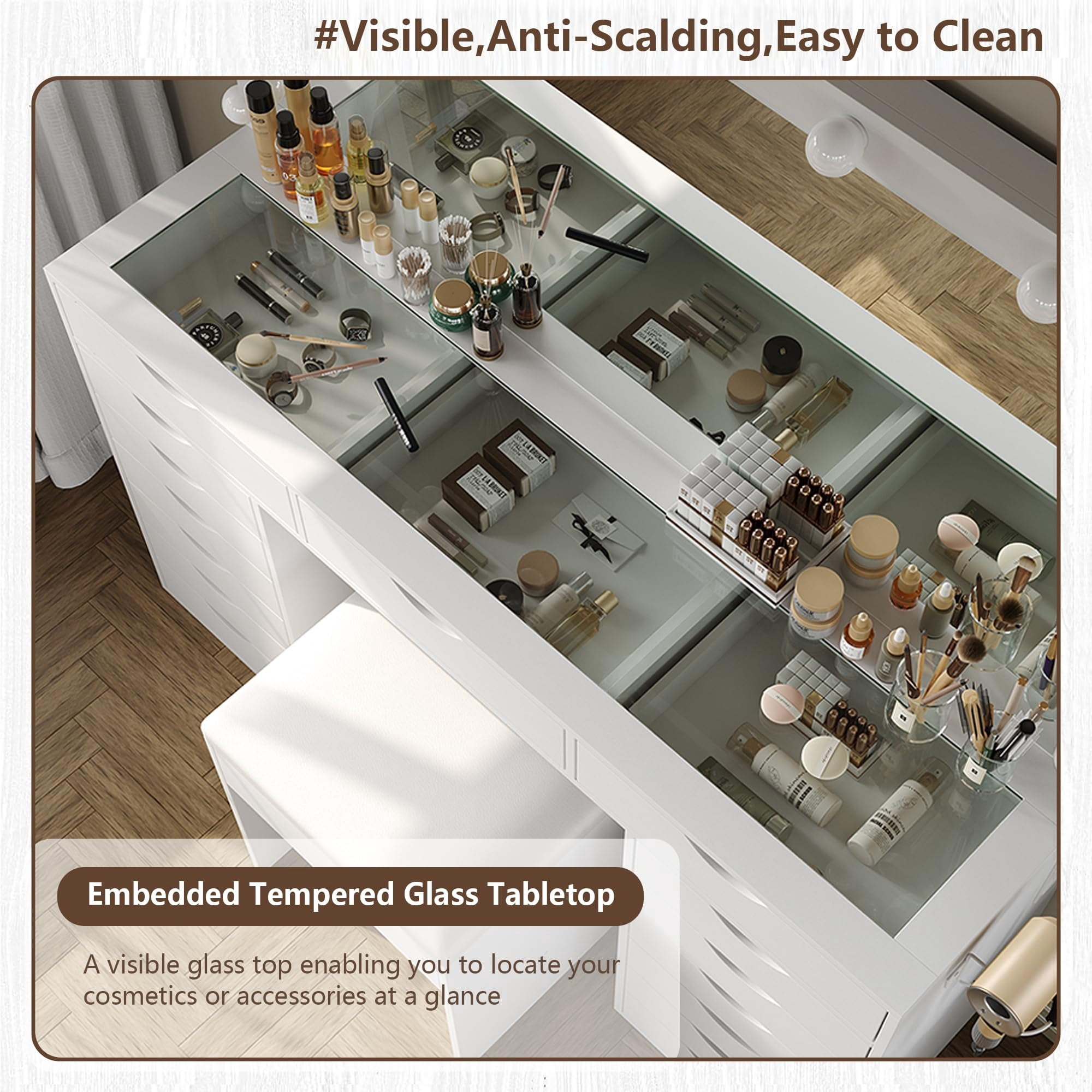Yanosaku Vanity Desk with USB Outlet, Mirror & 13 LED Lights, Adjustable Brightness, Glass Top Dressing Table