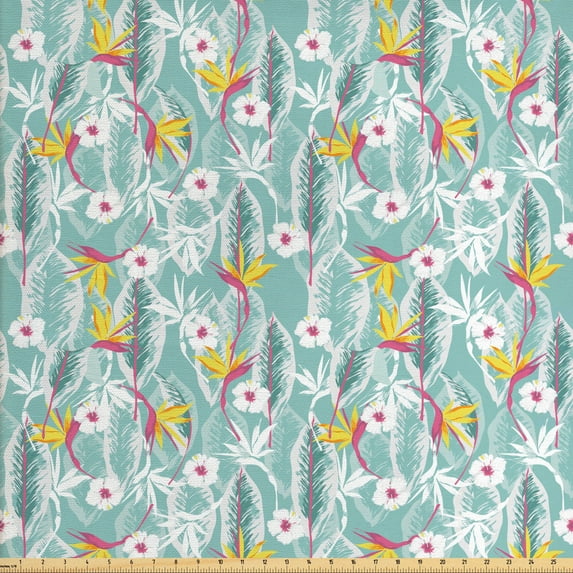 Exotic Fabric by the Yard, Repeating Strelitzia Hibiscus Palmatia Leaves, Decorative Upholstery Fabric for Sofas and Home Accents, Pale Teal Mustard Coral by Ambesonne