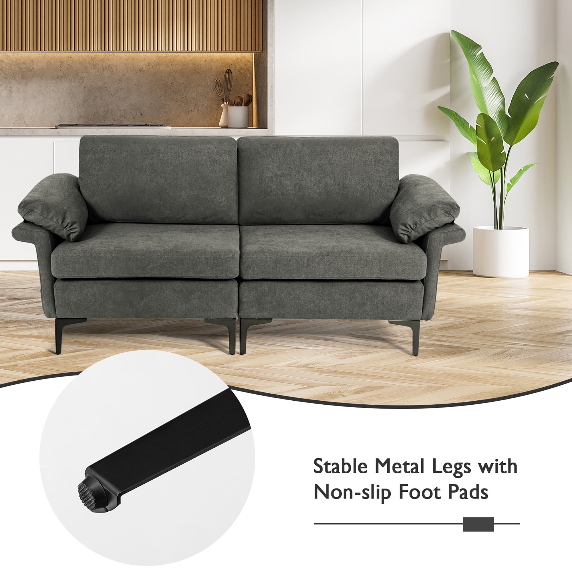Costway Modern Loveseat Fabric 2-Seat Sofa Couch for Small Space with Metal Legs Grey