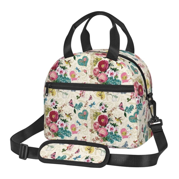 Fotbe Bird Butterfly Rose Bolsa de Almuerzo con Estampado, Lonchera Aislada, Contenedores de Comida Reutilizables Tipo Cooler a Prueba de Fugas