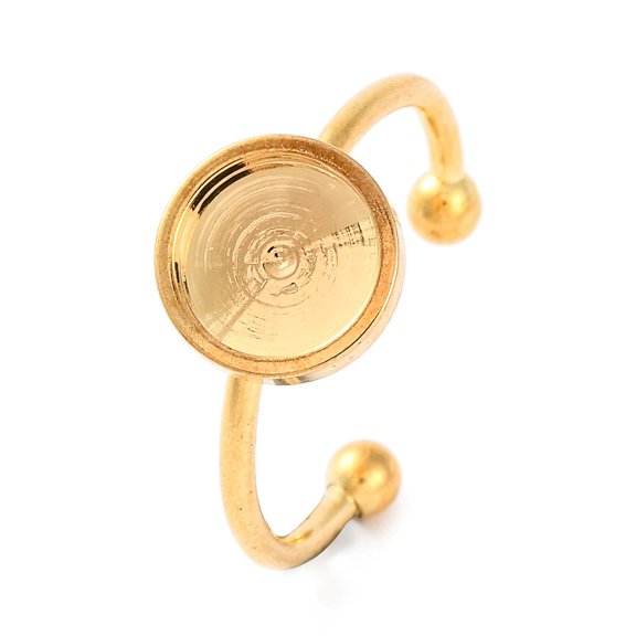 50pcs 304 Stainless Steel Open Cuff Ring Components Plain Pad Ring Settings Round golden Tray: 8mm Adjustable