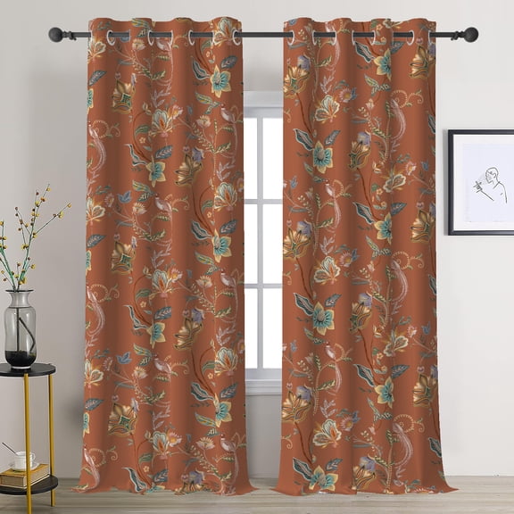 Burnt Orange Boho Blackout Curtains for Living Room,Retro Floral Thermal Insulated Grommet Window Drapes 52x96 Inch,Set of 2