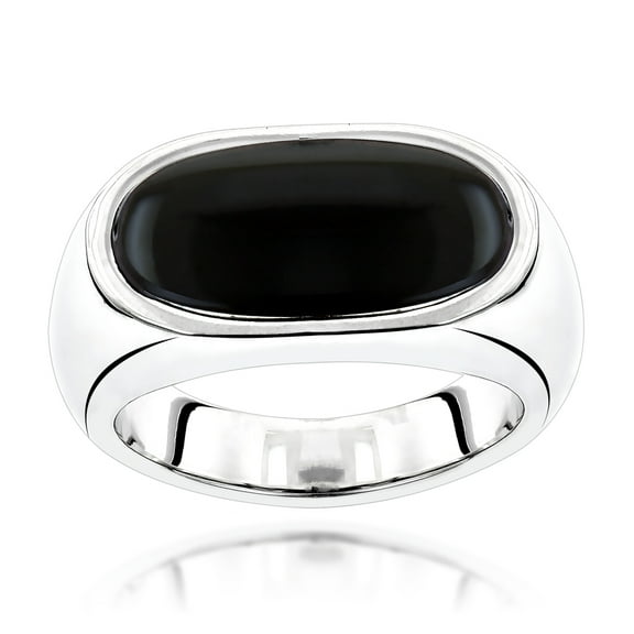 18k Men's Black Natural Onyx Ring For Him (White Gold Size 7)