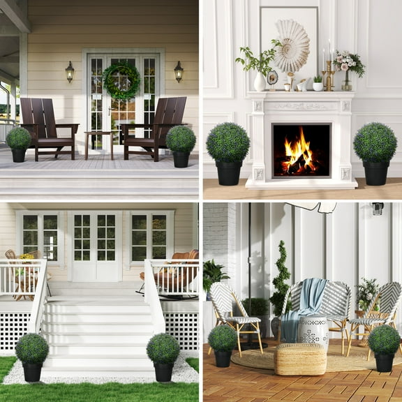 HOMCOM 16.5" Artificial Plant Topiary Balls, Set of 2 Indoor Outdoor Fake Plants for Home Office, Living Room Decor