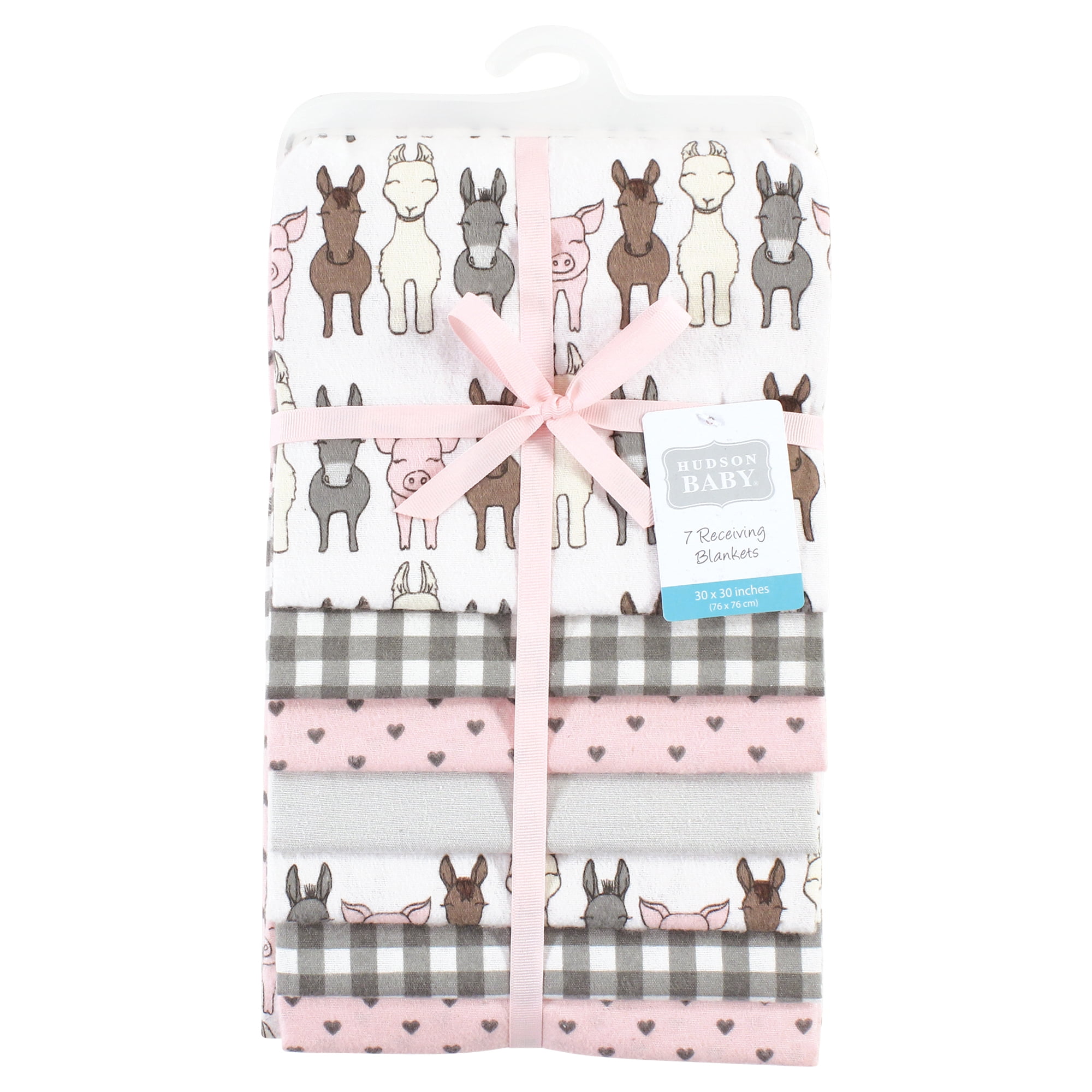 Little Treasure Hudson Baby Girls Cotton Poly Flannel Receiving Blankets 7-Pack, Pink Farm Friends, 30x30 inches