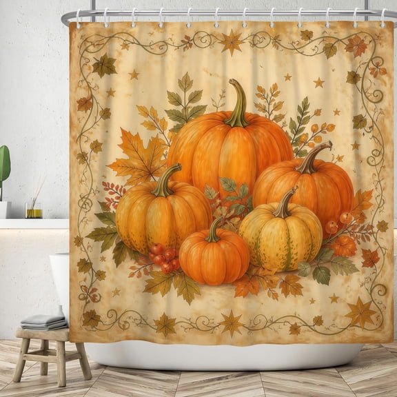 MIZHONA Fall Pumpkins Shower Curtain Retro Autumn Thanksgiving Fabric Bathroom Curtains Decor with Hooks 72x72 in