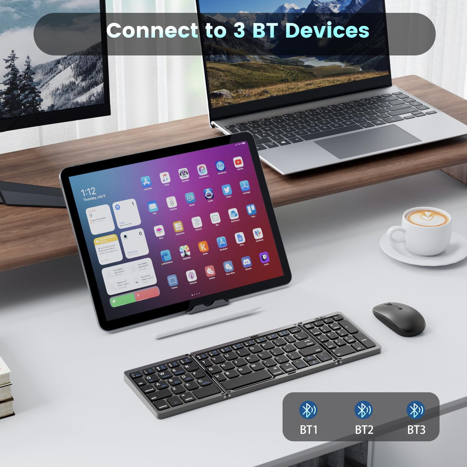 Portable Travel Keyboard and Mouse Combo, Folding Bluetooth Keyboard Mouse with Numeric Keypad for Laptop