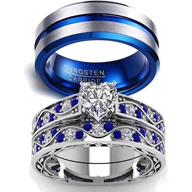 Anillos de Compromiso Loversring ACL7746526844 para Mujer 10k Chapado Oro Blanco Cz para Hombre Carburo de Tungsteno 8 mm de Ancho Loversring ACL7746526844