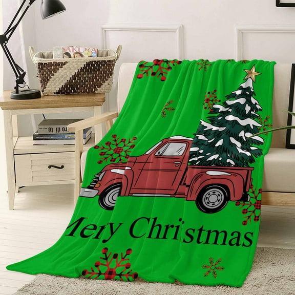 Merry Christmas Throw Flannel Blanket 60x80In Truck Tree Plaid Snowflake Green Background Super Soft Cozy Bed Blanket, Lightweight Plush Fuzzy Bed Throw for Bedroom Sofa Couch Living Room