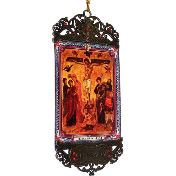 Holy Land Market Icon wall hanging heat printing on synthetic cloth decorated ( 16 x 7 cm OR 6.5 x 2.8 Inches ) (Crucifixion)