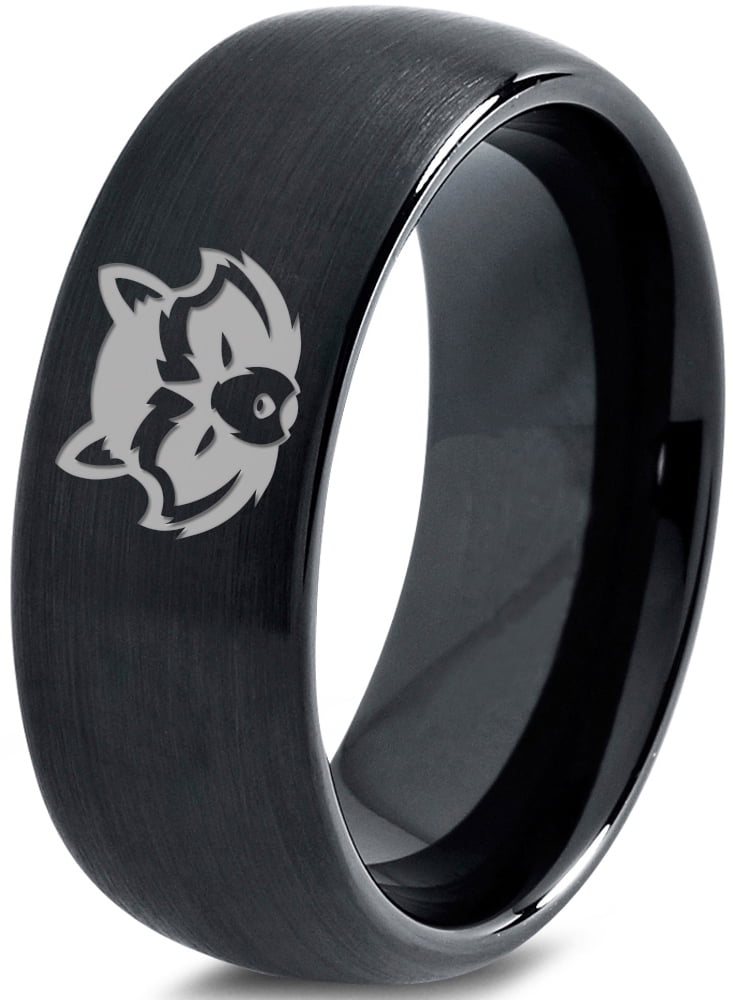 Tungsten North American Racoon Coon Band Ring 8mm Men Women Comfort Fit Black Dome Brushed Polished