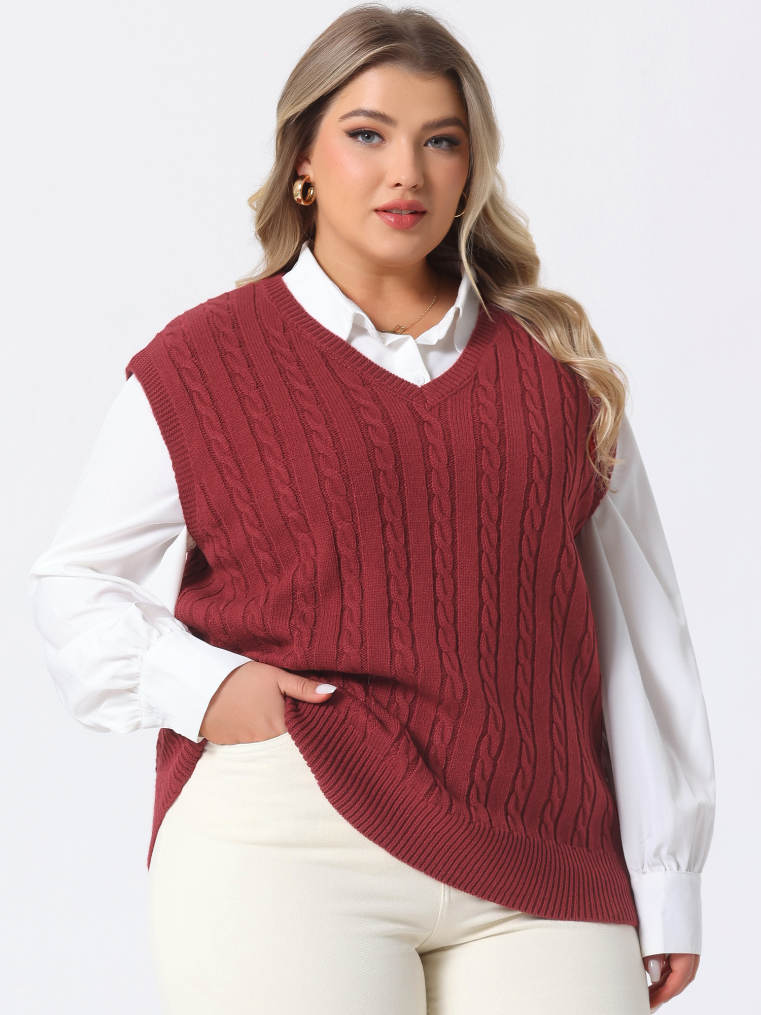 Unique Bargains Women's Plus Size V Neck Cable Knit Sweaters Tank Tops 4X Burgundy