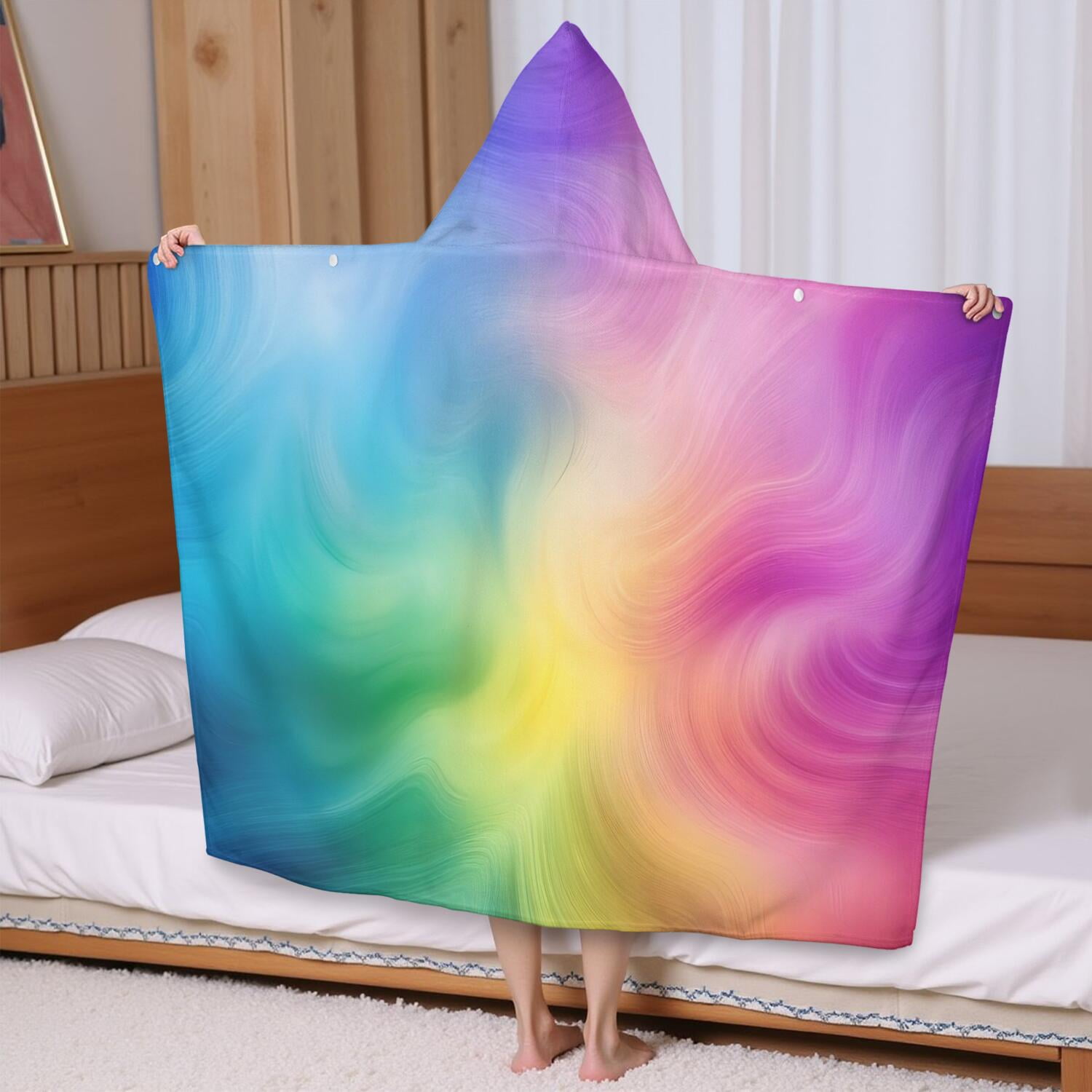 Rainbow Tie Dye Swirl Pattern Hooded Bath Towel，60"x35" for Ages 3 To 12 Kids, Quick Dry Lightweight Soft Microfiber Hood Beach Towel Cover Up for Kids