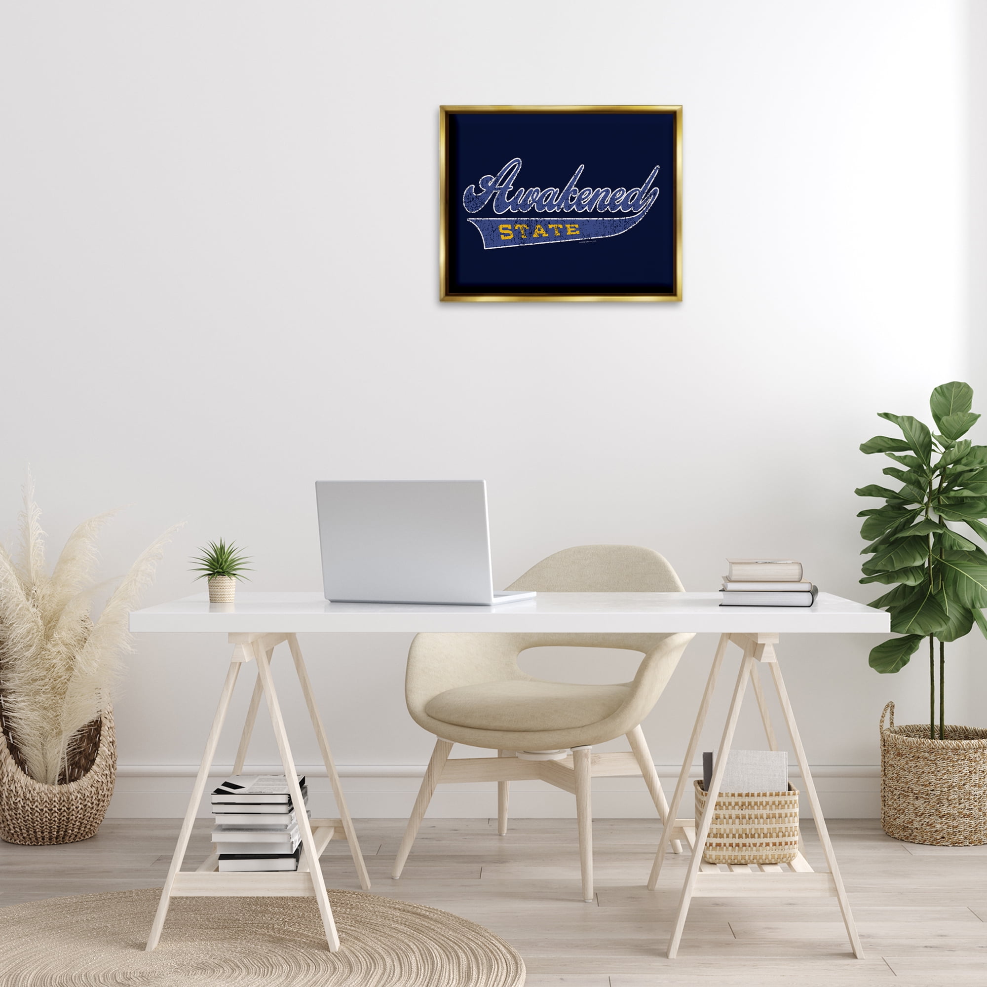 Stupell Industries Awakened State Varsity Novelty & Humor Painting Gold Floater Framed Canvas Art Print Wall Art, 21 x 17