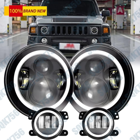 For Hummer H2 H3T 06-10 7" INCH Halo LED Headlight DRL & 4" Fog Lights Combo Kit