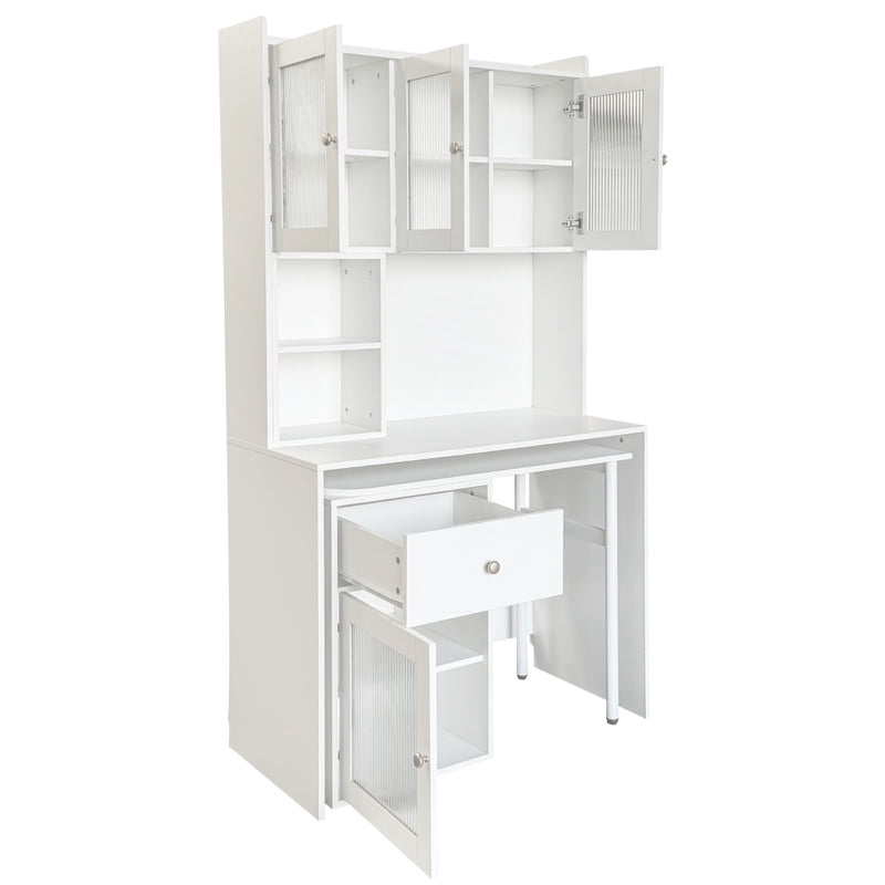 Computer Desk with Hutch and Glass Doors, Office Desk with 90 Degree Rotating Desktop, Writing Table Large Workstation with Bookshelf and 1 Drawer