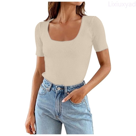 Lixiuxyad Women Short Sleeve Square Neck T Shirts Summer Slim Fitted Ribbed Knit Basic Casual Tee Tops Trendy Casual,Beige L