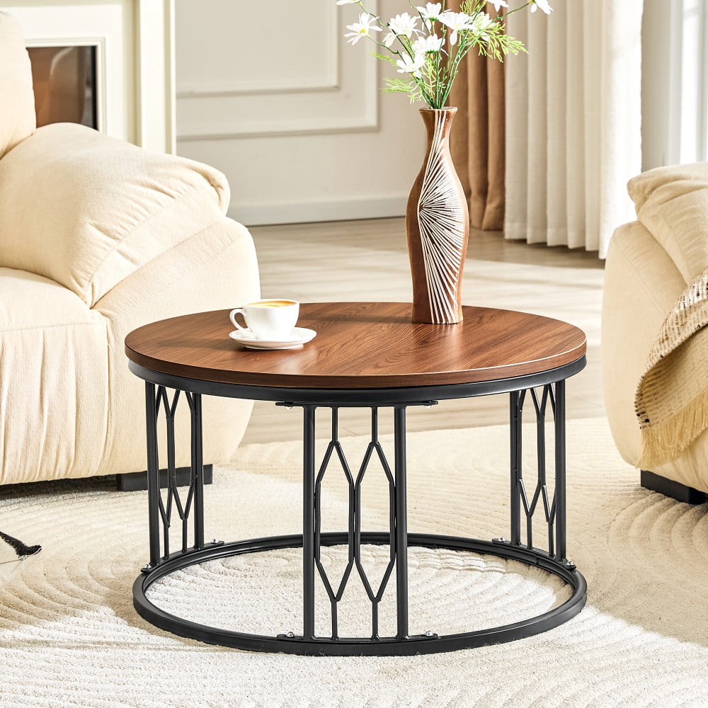 Round Coffee Table, 27.5" Coffee Table with Stone-Effect Travertine Top, Metal Frame, Modern Living Room Table, Walnut