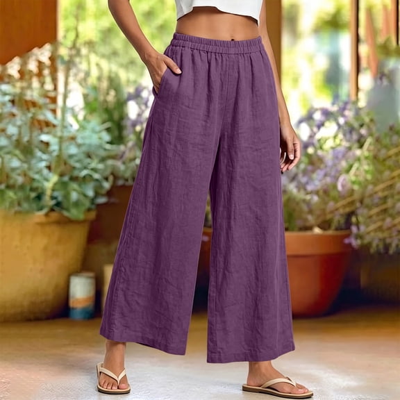 CQONEPT Oversize Wide Leg Linen Pants for Women Fall Fashion Drawstring Elastic Waist Flowy Lounge Pant Loose Fit Dressy Trousers with Pockets Purple 3XL