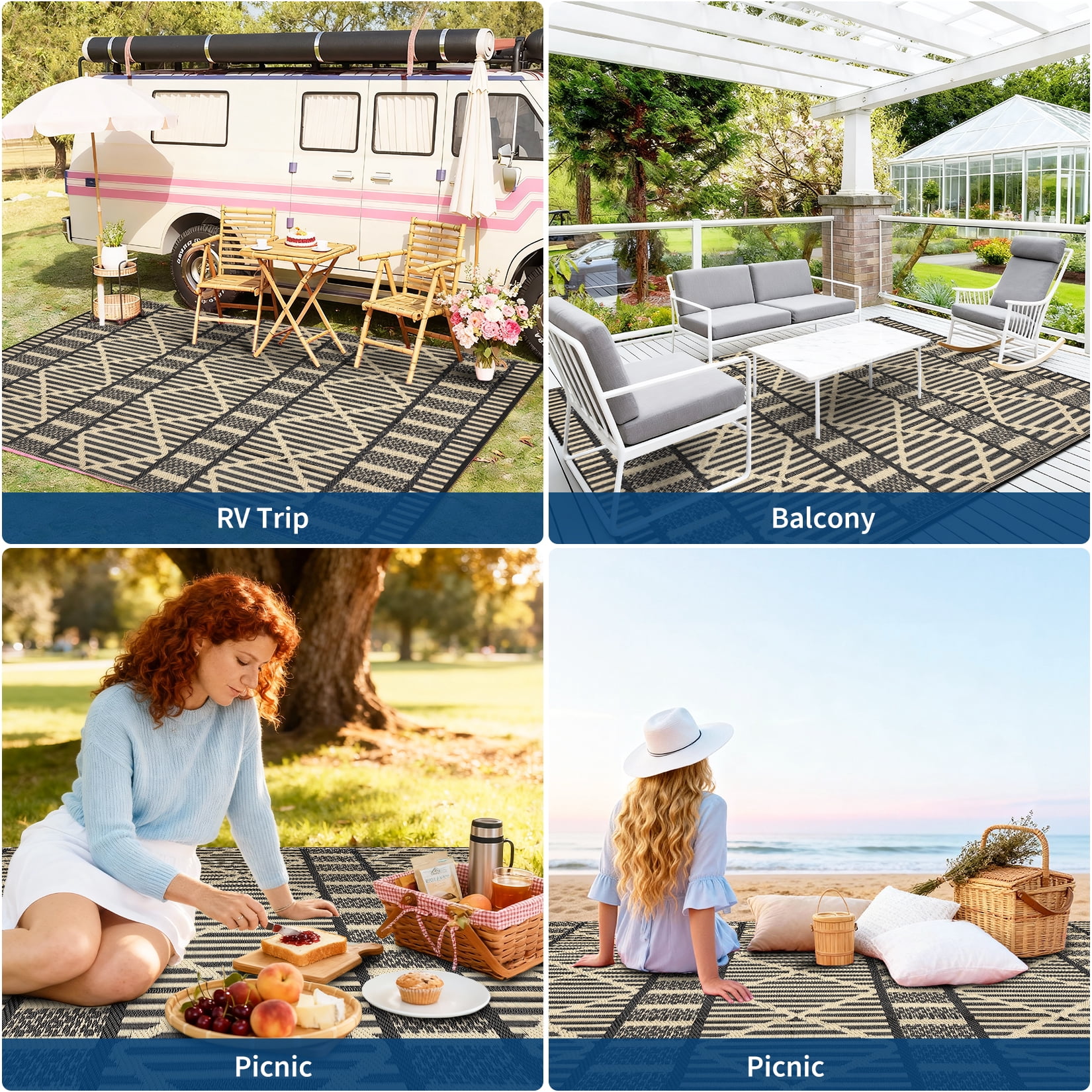 HIWEAVER 9' x 18' Brown/Black Outdoor Rug PP Plastic Straw Woven Waterproof Patio Rug with Border Portable Outside Carpet for Balcony Deck Picnic Garden Decor