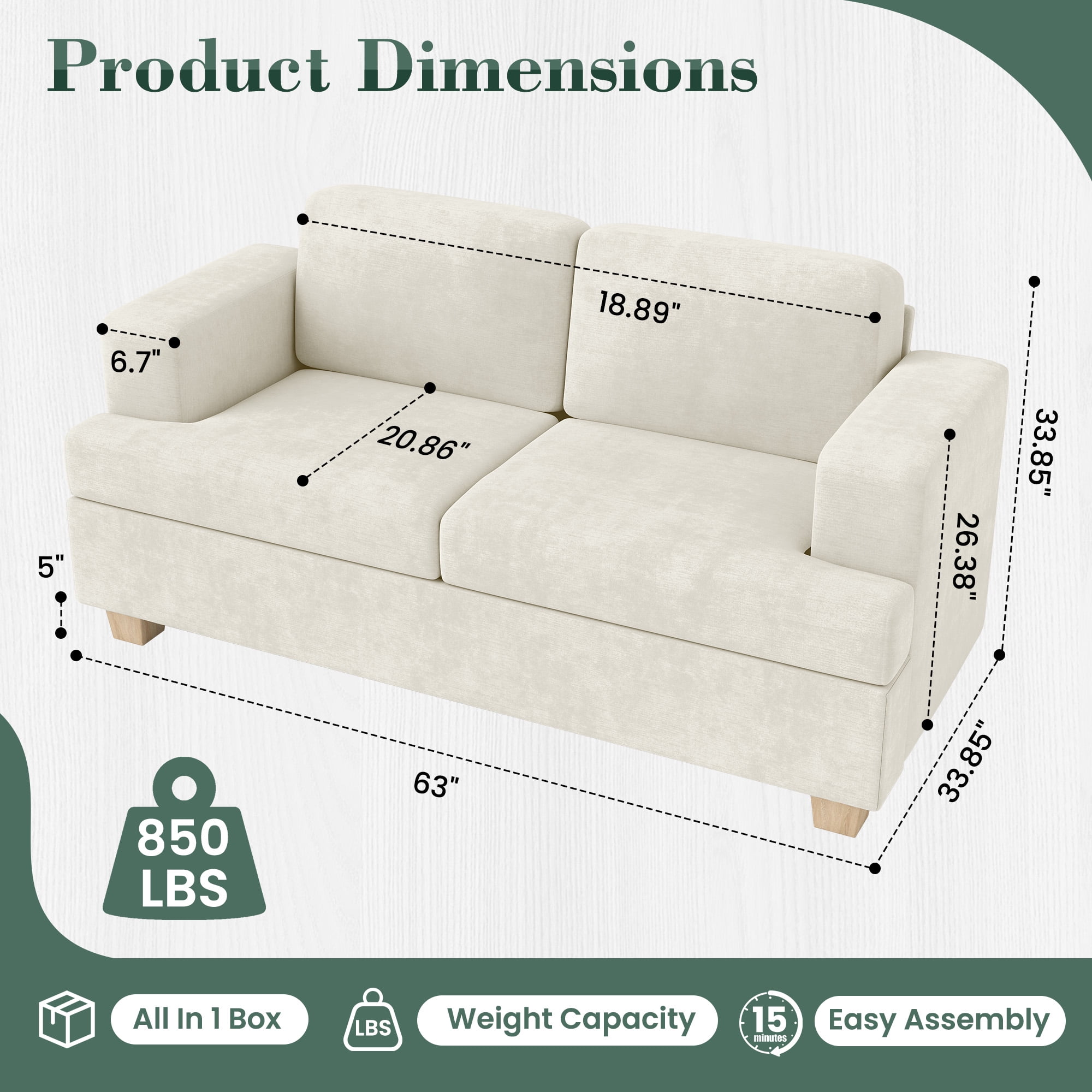 YOUDENOVA 63 Inch Sofa Couch, Modern 2-Seater Sofa for Living Room, Modern Sleeper Couches Deep Seat Sofa Lounge for Apartment, Beige Chenille