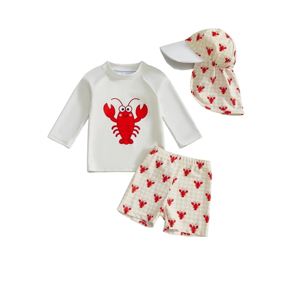 BemeyourBBs Toddler Baby Boy Two Piece Swimsuit with Hat Infant Boy Bathing Suit Long Sleeve Rash Guard Swimwear Summer Beachwear Lobster Crab Deer Hunting Print Zipper Top Swimming Trunks Shorts Set