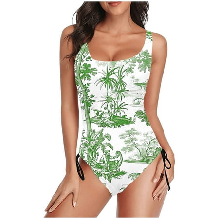 TrendVibe365 Full Coverage Swimsuits for Women Green One Piece Bathing Suits Thong Adjustable Shoulder Strap Floral Swimwear Beachwear L