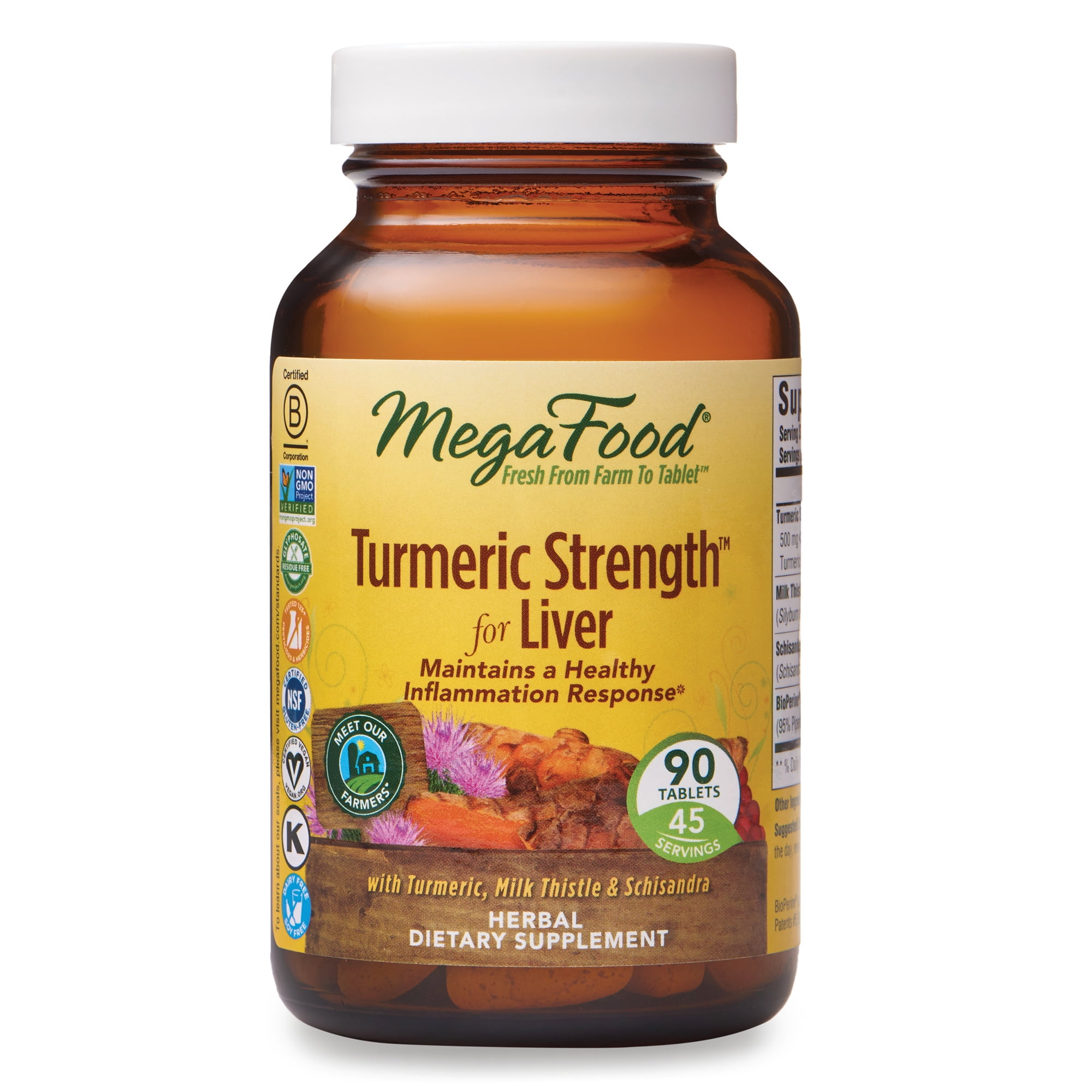 MegaFood, Turmeric Strength for Liver, Maintains a Healthy Inflammation Response, Vitamin and Herbal Dietary Supplement, Gluten Free, Vegan, 90 Tablets (45 Servings)