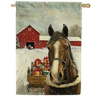 America Forever Horse and Sleigh House Flag, 28 x 40 inch Double Sided, Christmas Red Barn Banner, Winter Farm Scene Outdoor Decor, Holiday Outside Decorations Yard Flag