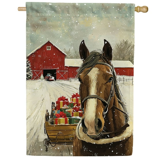 America Forever Horse and Sleigh House Flag, 28 x 40 inch Double Sided, Christmas Red Barn Banner, Winter Farm Scene Outdoor Decor, Holiday Outside Decorations Yard Flag