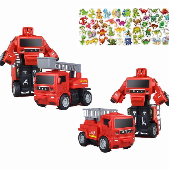 LNGOOR 2PCS two-in-one children's engineering vehicle excavator inertial collision Transformers robot toy to send 50 cartoon dinosaur waterproof stickers