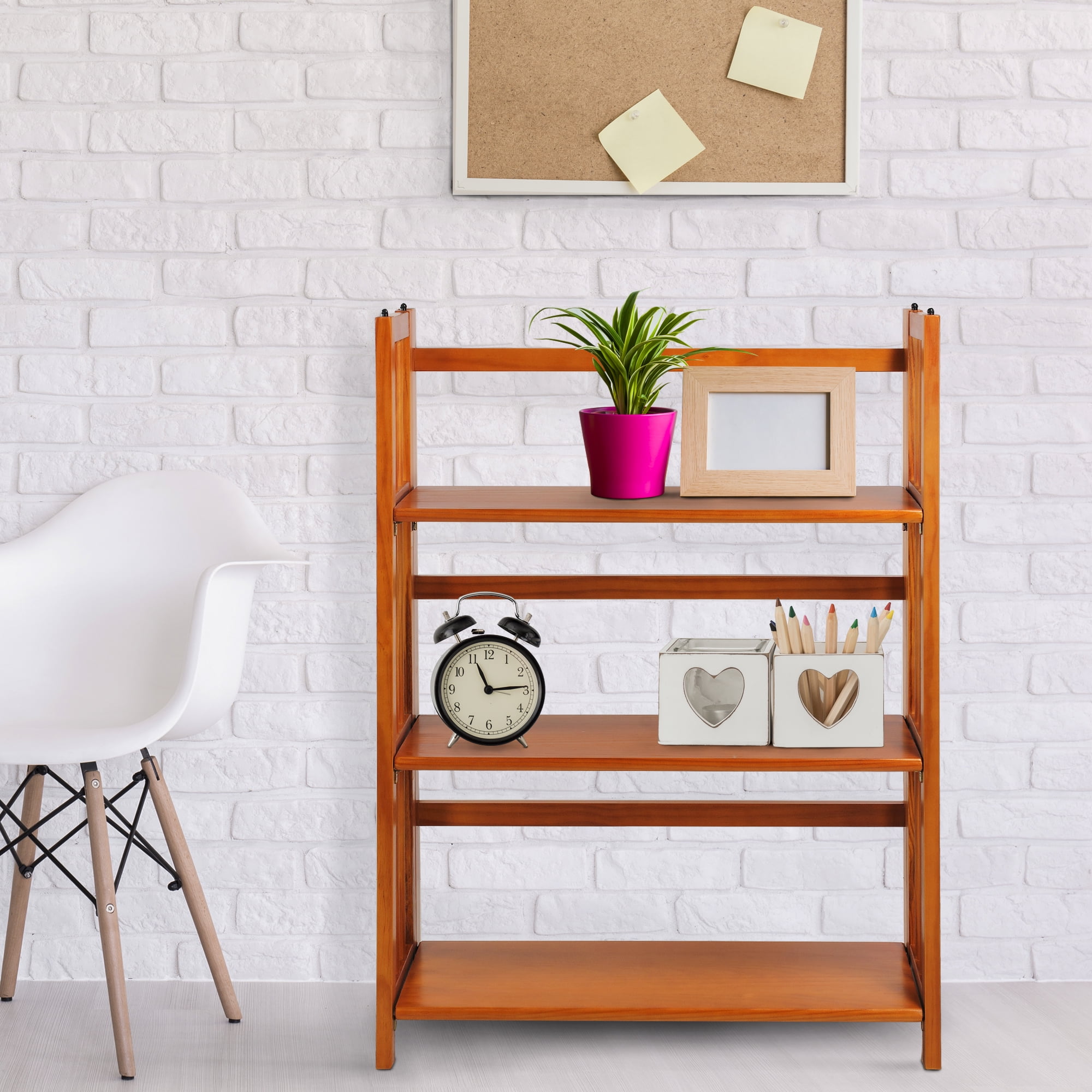 Folding Bookcase Walnut Wood Bookshelf Stackable 3-Shelf ...