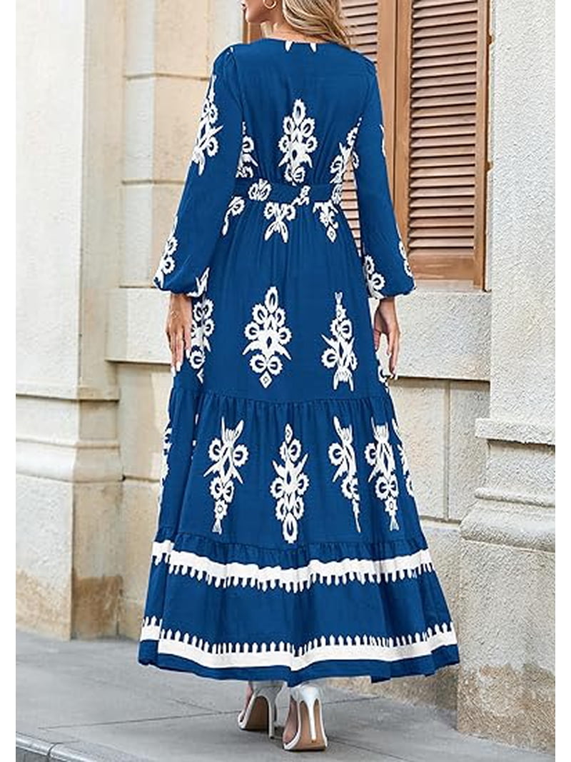 fall boho wedding guest dress Prettygarden Women's Dresses Floral Long Sleeve V Neck Flowy Elegant Maxi Beach Clothes, Size: Medium, Blue Going Out Dresses for