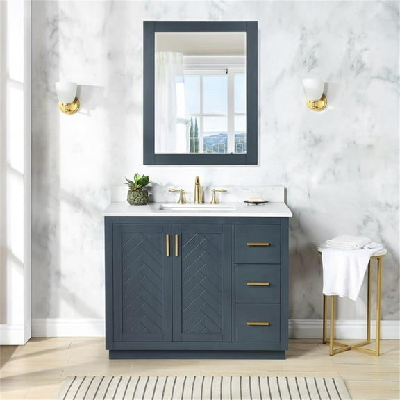Gazsi 42" Wood Vanity in Charcoal Bule with Composite Stone Top with Mirror