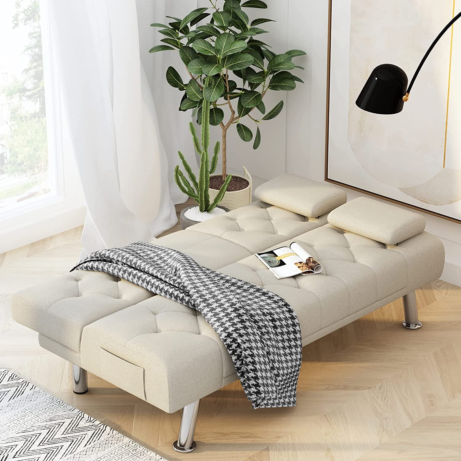 Homfa Upholstered Sofa Bed Couch, Convertible Futon Sleeper Sofa with  Removable Armrests and 2 Cup Holders, Cream White 