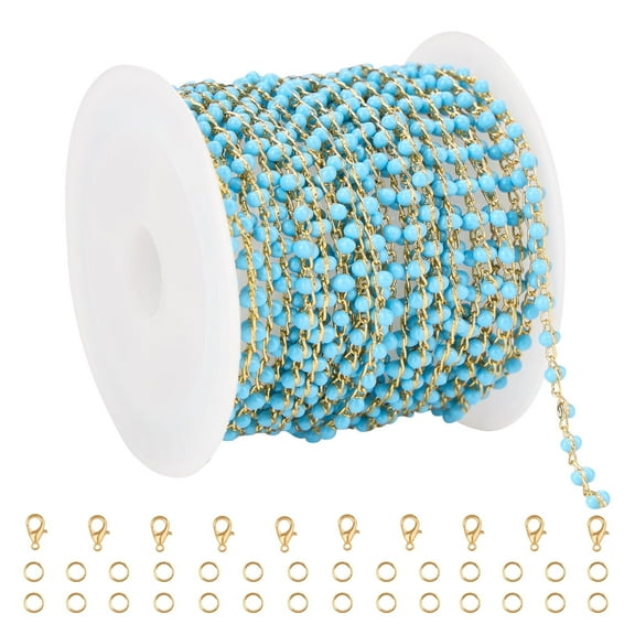 UMAOKANG 4 Meters Blue Enamel Beaded Chain for Jewelry Making Light Gold Brass Metal Chain on Spool